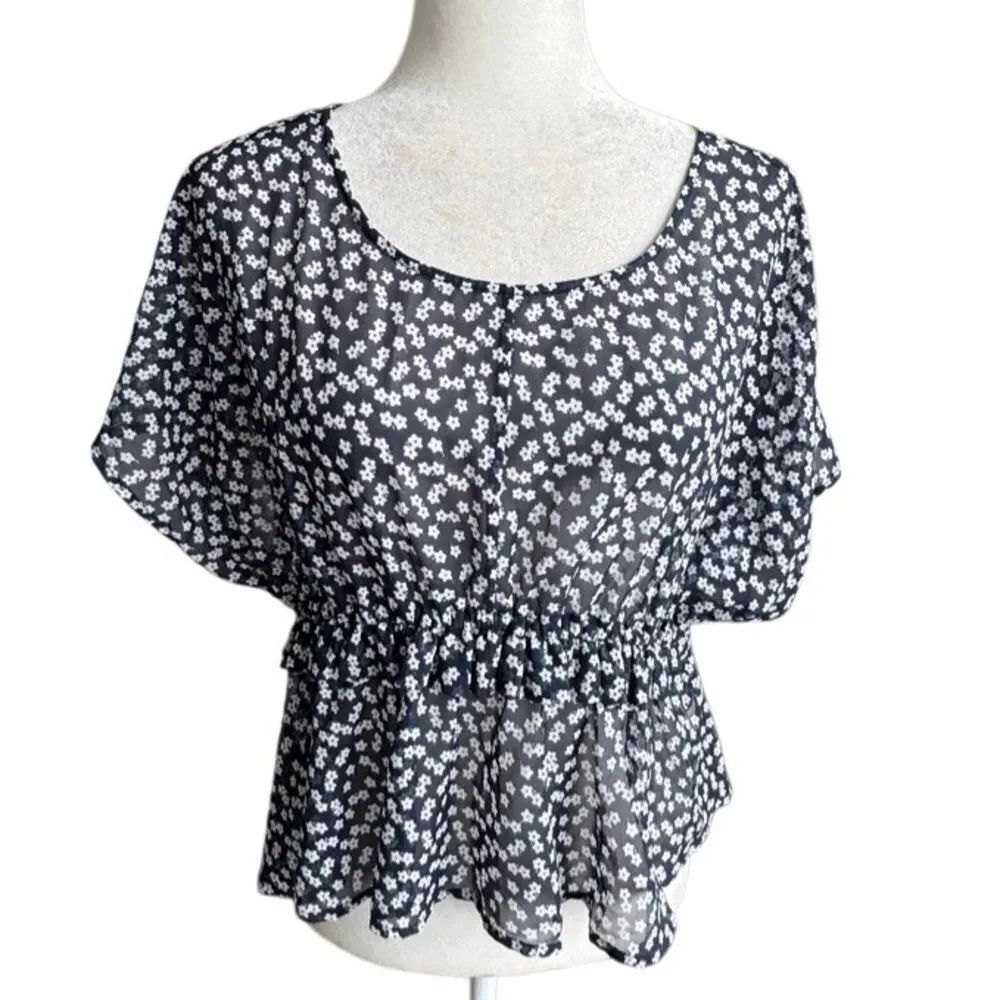 Eva Franco Blue Ditsy Blouse Baby Doll Sheer FLowy SZ 6